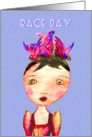 Dressed for Race day ,Bird Hat, little girl, coloured pencil. card