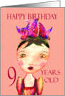 Happy Birthday, nine years old, little girl, coloured pencil. card