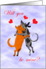 Valentine day, will you be mine, two dogs jumping, humor. card