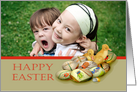 Happy Easter, ducklings and embroidered eggs with insects, photo card