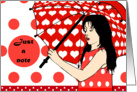 girl with umbrella.Just a note, red and white, blank note card