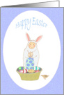 Happy Easter, child in bunny costume, with easter eggs and basket. card