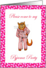 Pyjama party invitation, ginger cat in striped pajamas. UK/Australian spelling card