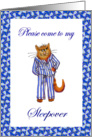 Sleepover party invitation, ginger cat in striped pajamas. card