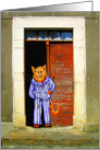 ginger cat in striped pajamas. Blank note card,doorway, humor card