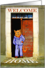 Welcome Home, ginger cat in striped pajamas. doorway, humor card