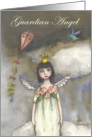 Get well soon, guardian angel in clouds, with kite and bird card