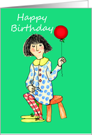 Happy Birthday, little girl and red balloon.blank card
