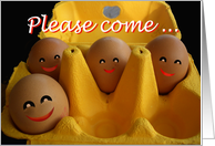 Please come on holiday with us,happy eggs, card