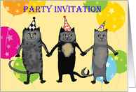 Invitation to Party,cats.humor,balloons. PARTY HATS card