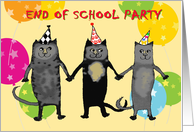 Invitation to end of school party,cats.humor,balloons. PARTY HATS card