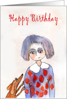 Happy Birthday girl and dog, from dog. card