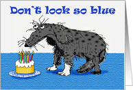 Blue Birthday, sad dog and cake with candles.humor card