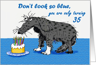 Blue 35 th Birthday, sad dog and cake with candles.humor card