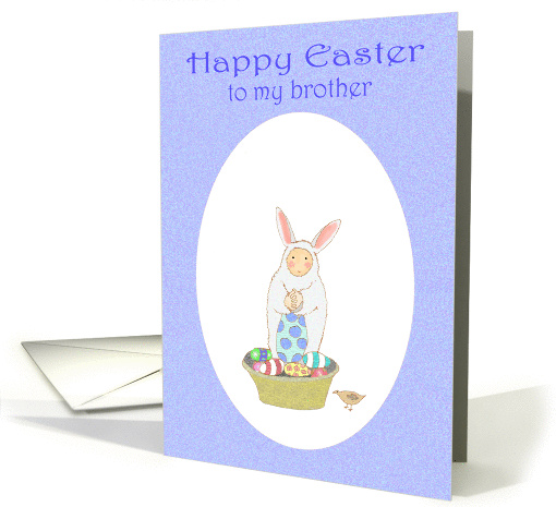 Happy Easter, Easter bunny suit,little boy and eggs.For brother. card