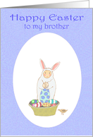 Happy Easter, Easter bunny suit,little boy and eggs.For brother. card