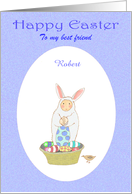 Happy Easter, Easter bunny suit,little boy and eggs.Custom card