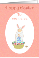 Happy Easter, Easter bunny suit,little child and eggs.to niece card