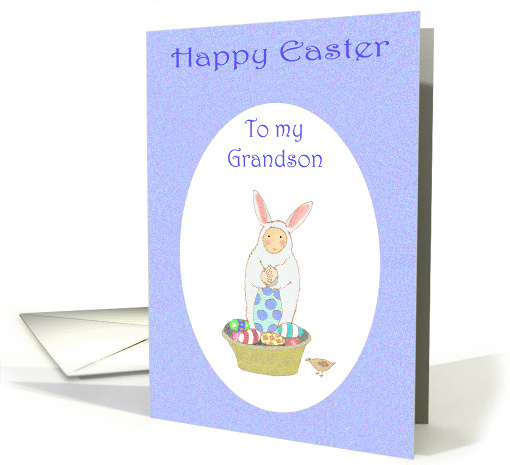 Happy Easter, Easter bunny,little child and eggs.for grandson card