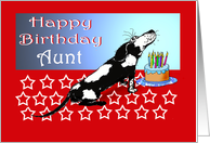 Happy birthday, black and white dog, cake,candles.to aunt card