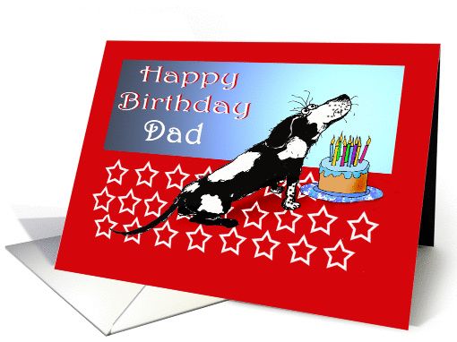 Happy birthday, black and white dog, cake,candles.to Dad from son card