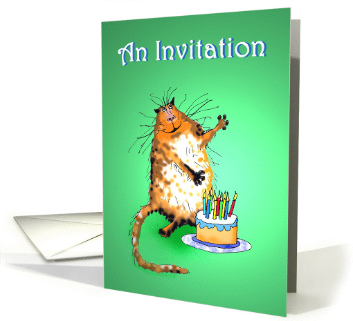 An Invitation to Birthday Party, crazy cat and cake with candles. card