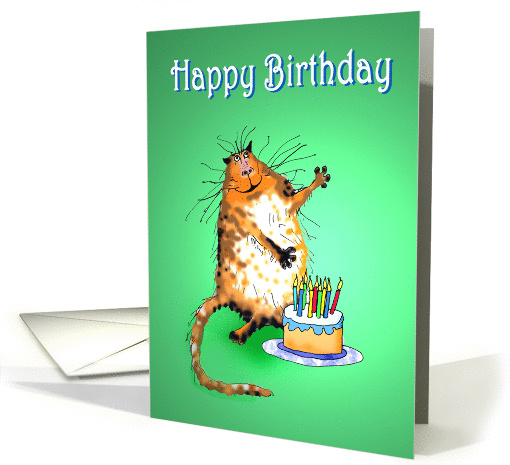 Happy Birthday , crazy cat and cake and candles card (1298642)