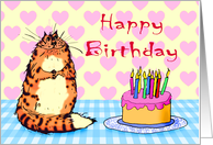 Happy Birthday, tortoiseshell cat, cake and candles, card