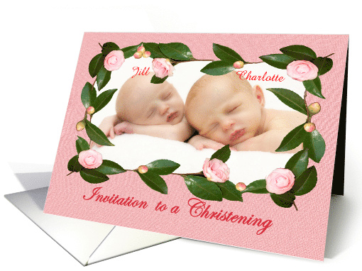Invitation to Christening, for twins,custom camellia frame, card