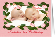 Invitation to Christening, for twins,custom camellia frame, card