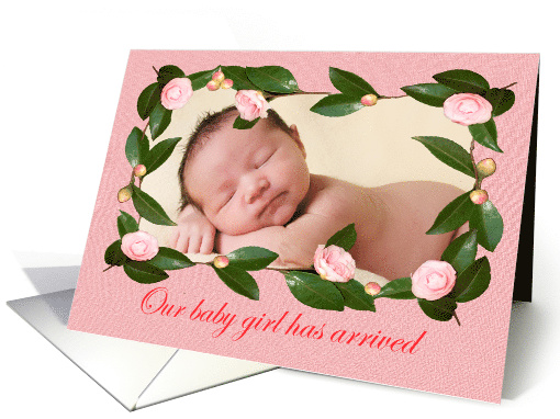 Birth of baby girl announcement,custom pink camellia frame, card
