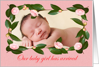 Birth of baby girl announcement,custom pink camellia frame, card