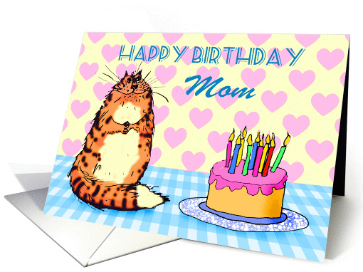 Happy Birthday,For Mom from son, cat, cake and candles, card (1305938)