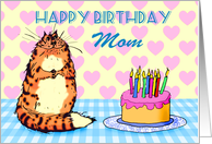 Happy Birthday,For Mom from son, cat, cake and candles, card