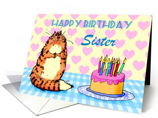 Happy Birthday,For Sister, cat, cake and candles, card (1305944)