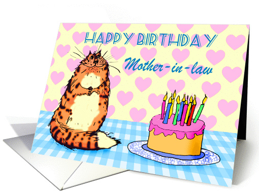 Happy Birthday,For Mother-in-law, cat, cake and candles, card