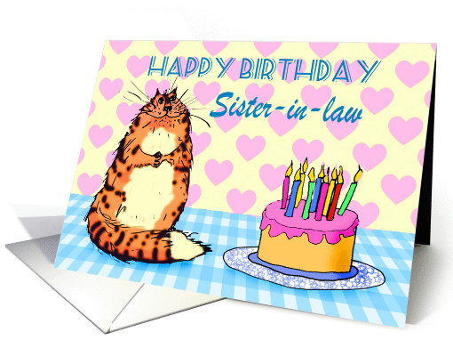 Happy Birthday,For Sister-in-law, cat, cake and candles, card