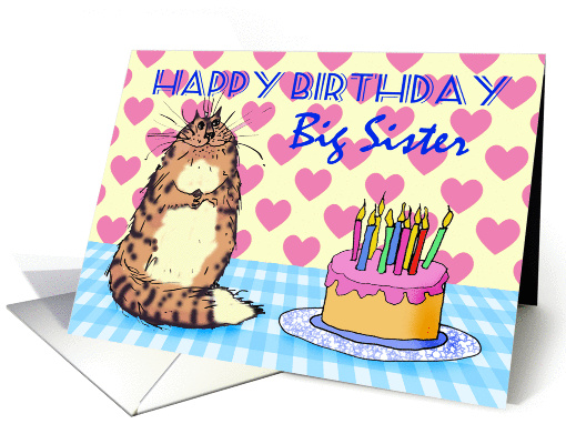 Happy Birthday, to Big Sister , cat, cake and candles, card (1305980)