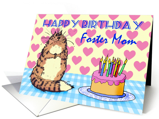 Happy Birthday, Foster Mom, cat, cake and candles, card (1305986)