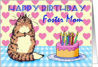 Happy Birthday, Foster Mom, cat, cake and candles, card