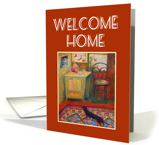 Welcome Home husband, hallway with dachshund,Persian rug. card