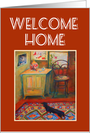 Welcome Home husband, hallway with dachshund,Persian rug. card