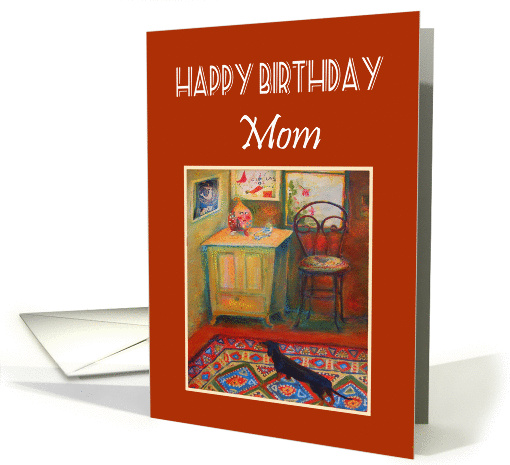 Happy Birthday, Mom, from son, hallway, dachshund,Persian rug. card