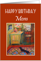 Happy Birthday, Mom, from son, hallway, dachshund,Persian rug. card