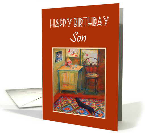 Happy Birthday, for son, hallway, dachshund,Persian rug. card