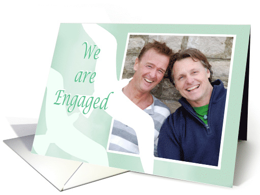 We are engaged,Gay /lesbian custom photo, two birds, pale green. card