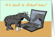 It’s back to school time, sad dog and laptop.humor.Blank card