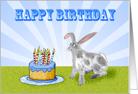 Happy Birthday , Bunny rabbit and cake with candles. card