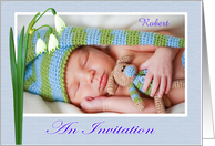 An Invitation to naming ceremony,For boy,blue,Snowdrops, custom photo card