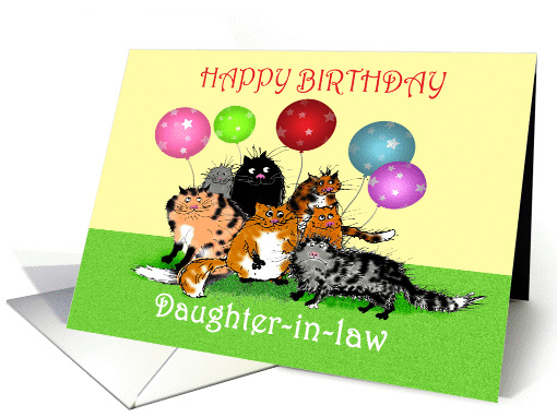 Happy Birthday Daughter-in-law, Crazy cats and balloons. card